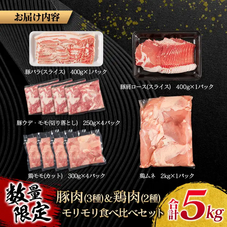 数量限定 豚肉 3種 鶏肉 2種 モリモリ 食べ比べ セット 合計5kg 豚バラ 豚肩ロース 豚ウデ 豚モモ 鶏もも 鶏むね 国産 スライス 切り落とし 食品 お弁当 おかず 焼肉 しゃぶしゃぶ から揚げ 万能食材 小分け 人気 大容量 おすすめ 宮崎県 日南市 送料無料_D107-25