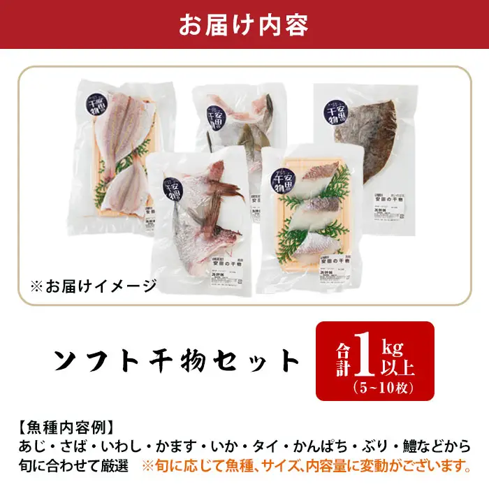 朝獲れ鮮魚で作る！魚屋さんの自家製ソフト干物！合計1kg以上(5～10枚)アジ イワシ カマス イカ タイ ブリカマ セット 詰め合わせ ひもの 焼き魚 おかず お惣菜【YS-3】【株式会社安田】