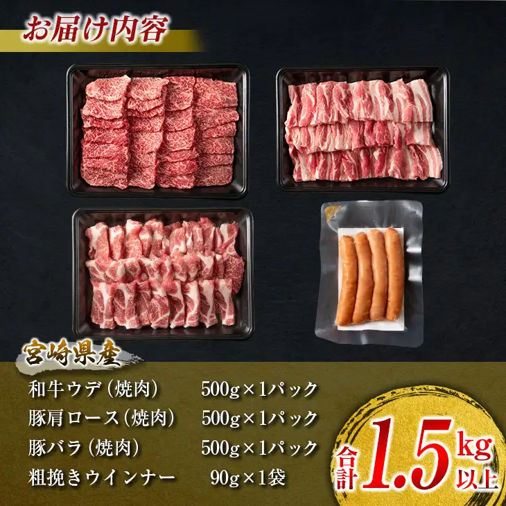 数量限定 牛肉 豚肉 食べ比べ パクパク 焼肉 セット 粗挽き ウインナー 合計1.5kg以上 国産 和牛 ウデ 豚肩ロース 豚バラ おかず 食品 人気 グルメ お弁当 BBQ キャンプ グランピング 詰め合わせ おすすめ お取り寄せ ミヤチク 宮崎県 日南市 送料無料_CD78-25