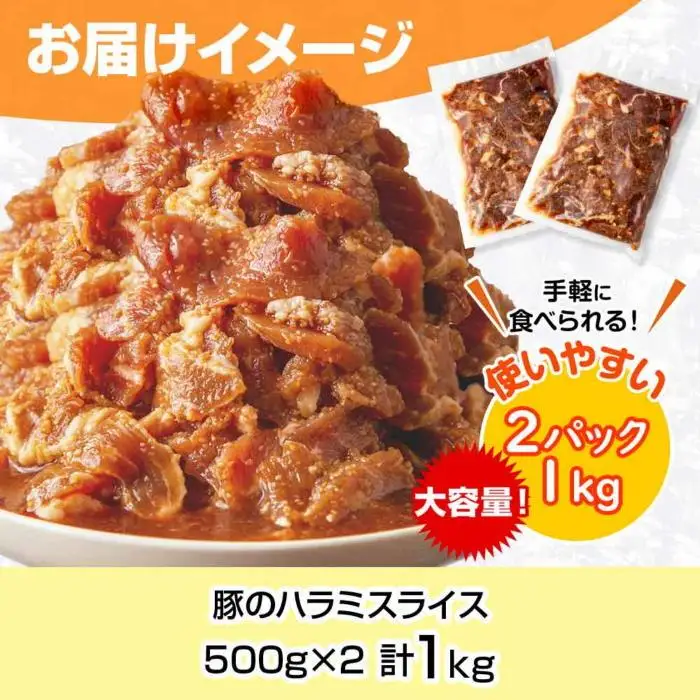 豚のハラミスライス 味付き 500g×2パック 計1kg 大容量 ハラミ スライス  豚 豚肉 冷凍 惣菜 簡単 調理 肉 おかず 味付き 野崎フーズ 新潟県 南魚沼市｜チルド