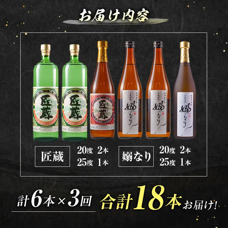 3か月 お楽しみ 定期便 日南市 酒屋 オリジナル 本格 芋焼酎 4種 飲み比べ セット 合計18本_J13-26