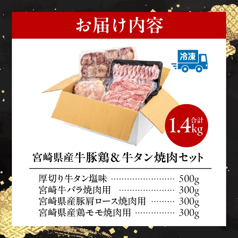宮崎県産牛豚鶏＆牛タン 焼肉セット 合計1.4kg