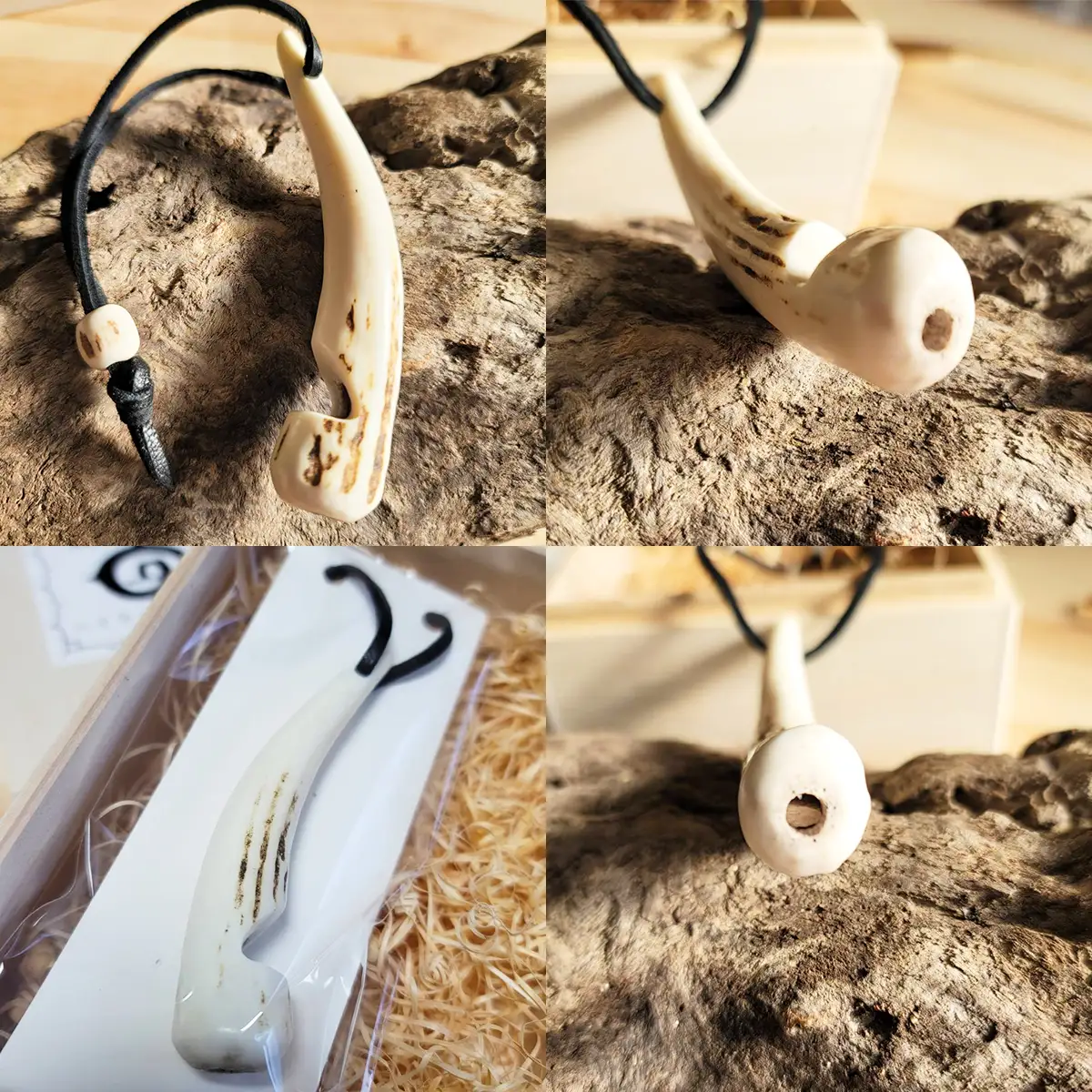 鹿の角と奥尻産の虹彩珊瑚(深海松)のペンダント＆角笛セットA 鹿角工房 ～イランカラプテ～ | ハンドメイド 手作り 天然素材 鹿角 笛 ネックレス アクセサリー ホイッスル レインボーコーラル ふかみる 海松 お守り 日本製 国産 | 北海道 奥尻町 送料無料