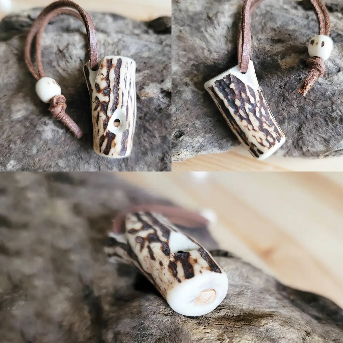 鹿の角と奥尻産の虹彩珊瑚(深海松)のペンダント＆角笛セットB 鹿角工房 ～イランカラプテ～ | ハンドメイド 手作り 天然素材 鹿角 笛 ネックレス アクセサリー ホイッスル レインボーコーラル ふかみる 海松 お守り 日本製 国産 | 北海道 奥尻町 送料無料