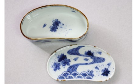 有田焼 染付桜流水青海波 繭型蓋物 16.5cm 大慶 ci072