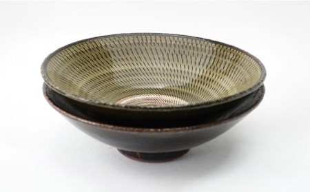 【波佐見焼】Folk Design 黄釉飛びカンナ＆飴釉打ち刷毛 目剥平鉢 ボウル 16cm ペアセット 食器 皿 【玉有】 [IE25] 波佐見焼
