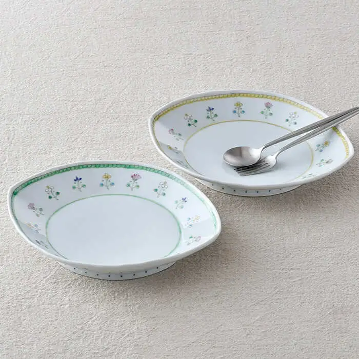 【波佐見焼】はなごよみ ヤシの実型皿 プレート お皿 グリーン・黄色 ペアセット 食器 皿 【藍水】 [GB36]  波佐見焼