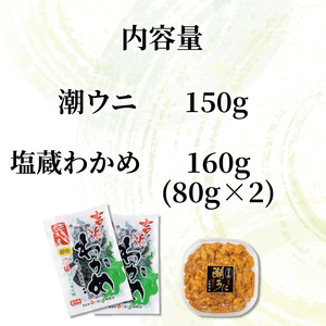 潮ウニ 150g 塩蔵わかめ 160g 冷凍 ミョウバン不使用 無添加 雲丹 寿司 汐うに 塩うに 海鮮 海藻 魚貝類 魚介類 キタムラサキウニ 小分け みそ汁 スープ 酢の物 塩水 天然 刺身 ウニ丼 ご飯 白米 おつまみ 三陸産 岩手県 大船渡市