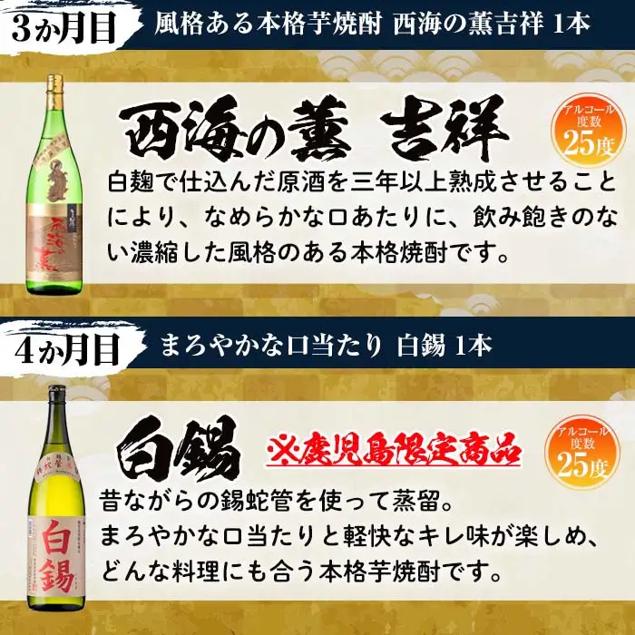 No.766 ＜定期便・全6回(連続)＞南国酒造の厳選芋焼酎定期便Aコース(1800ml×6銘柄各1本・合計10.8L)西海の薫・土壌・白錫・黒錫など！ 鹿児島 九州 酒 芋 焼酎 地酒 薩摩芋 さつま芋 アルコール 飲み比べ セット 定期便 頒布会