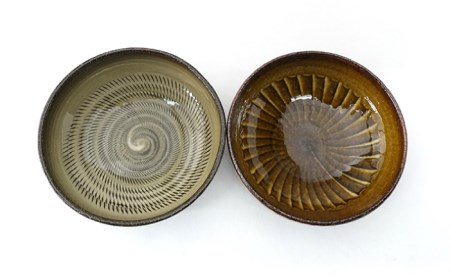 【波佐見焼】Folk Design 黄釉飛びカンナ＆飴釉打ち刷毛 丸平鉢 ボウル ペアセット 食器 皿 【玉有】 [IE31] 波佐見焼