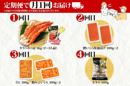 蟹 海鮮 頒布会 全4回 タラバガニ足 1kg 鱒いくら 醤油漬け 200g 数の子いくら醤油漬け 200g ＆ ウニ チリ産 冷凍 雲丹 うに 100g ホタテ 500g 蟹 カニ かに 海鮮 送料無料 80000円 北海道 弟子屈町 ■定期便■ 1583