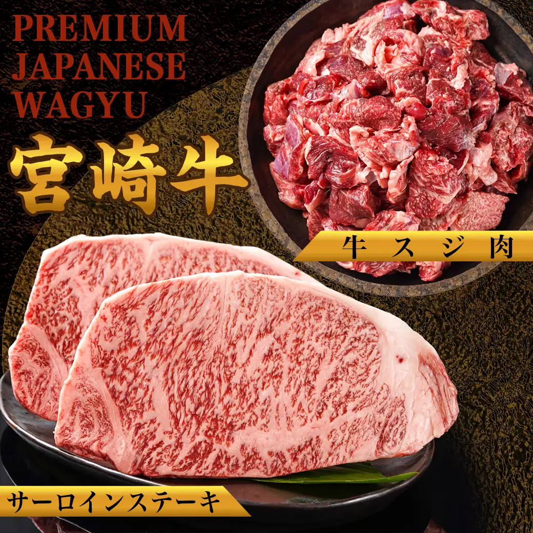 都城産宮崎牛サーロインステーキ400g＆牛スジ肉1kg〔28-4201〕_(都城市) 都城産宮崎牛 サーロインステーキ 200g×2枚 牛スジ肉（真空）500g×2袋 ギフト 贈答用