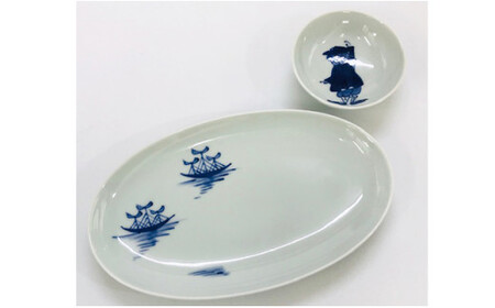 青花 絵変り楕円皿（24cm）とボウルのセット（2枚組） 小島芳栄堂 ar011
