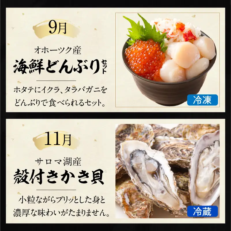 【全7回定期便】オホーツク海・サロマ湖で水揚げされた「旬」の魚介が届く！わくわく定期便 ( ウニ 毛ガニ 甲羅盛り ほたて ホタテ 真ほっけ 海鮮丼 カキ たらばがに 定期便 魚介 北の味覚 )【999-0311】