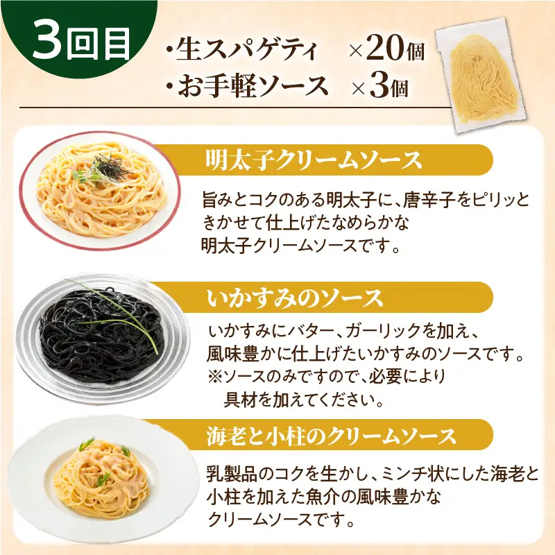 【3ヶ月 定期便】生スパゲティ 20個 お手軽 ソース 3個付き K036-T07