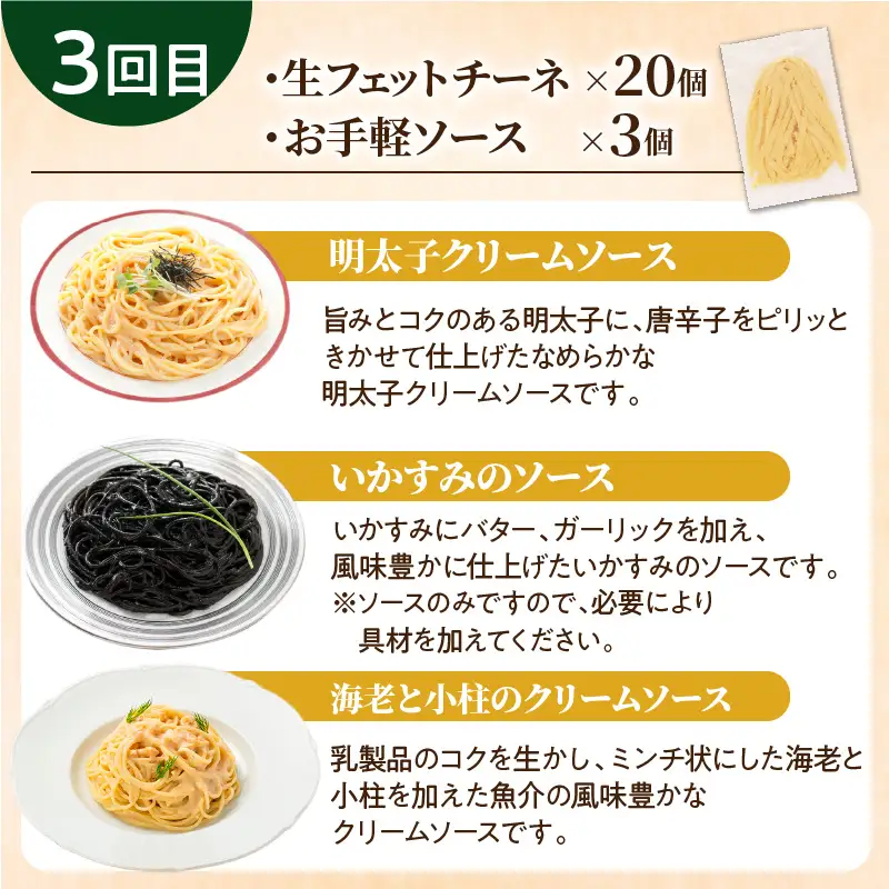 【3ヶ月 定期便】生フェットチーネ 20個 お手軽 ソース 3個付き K036-T08