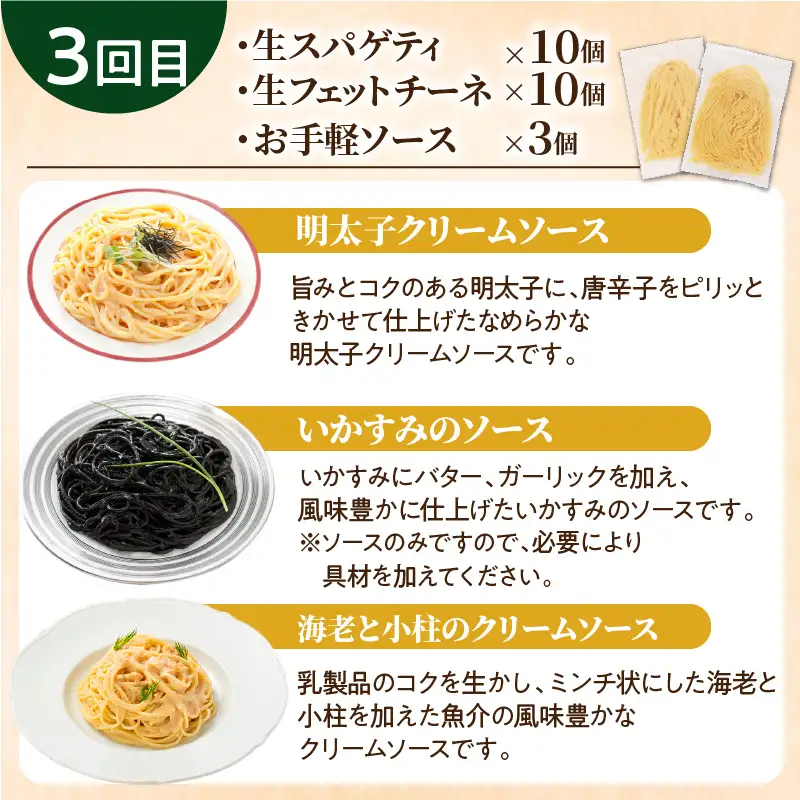 【3ヶ月 定期便】生スパゲティ 10個 × 生フェットチーネ 10個 お手軽 ソース 3個 付き K036-T09