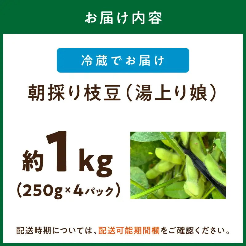 【数量限定】朝採り枝豆（湯上り娘）1kg（250g×4パック）（栽培期間中農薬・化学肥料・除草剤不使用）（2027年7月上旬～発送）枝豆