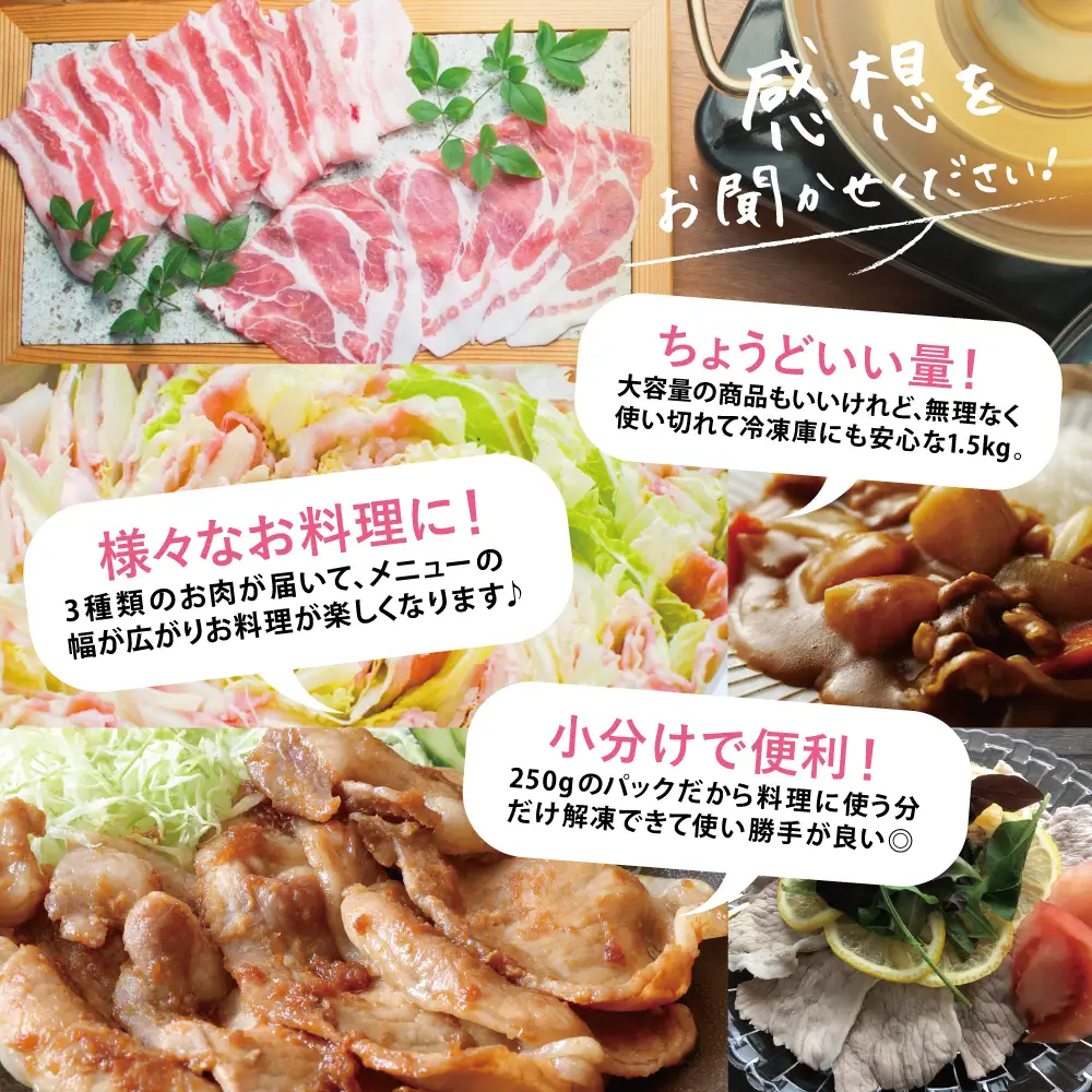 【鹿児島県産】豚3種類 計1.5kgセット 豚肉 ロース バラ スライス 肩ロース しゃぶしゃぶ 生姜焼き お肉 国産 小分け 冷凍 カミチク 南さつま市