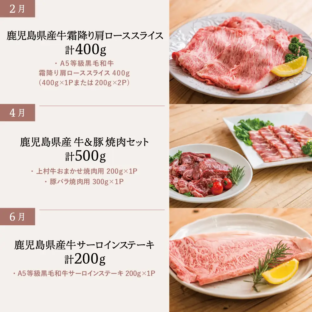 【定期便全6回】情熱牧場 鹿児島県産お肉の定期便 トライアルコース お肉 ステーキ すき焼き しゃぶしゃぶ 焼肉 BBQ A5等級 黒毛和牛 牛肉 豚肉 スライス 小分け 定期便 冷凍 カミチク 南さつま市