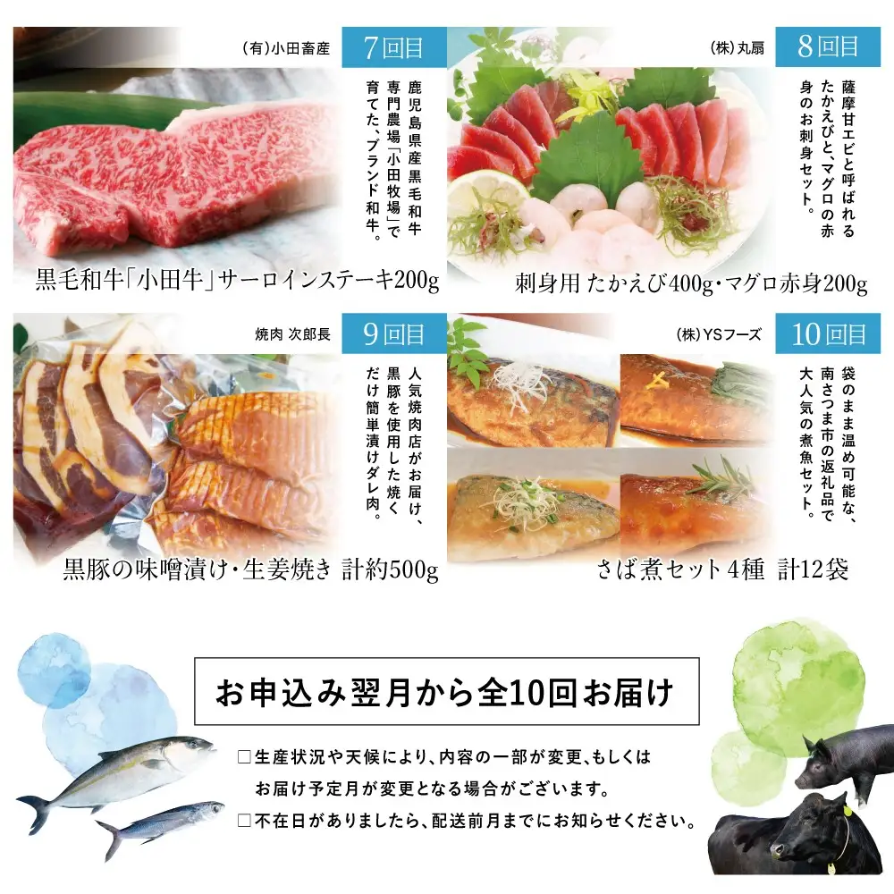 海幸山幸どきどき定期便（全10回） お肉 お魚 黒豚 すき焼き ステーキ 角煮 鰻 マグロ 刺身 えび 出汁 鹿児島 南さつま市