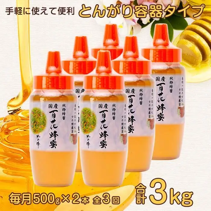 【全3回】 定期便 かの蜂 国産 百花蜂蜜 合計3kg（とんがり容器500gを毎月2本お届け） 国産蜂蜜 百花蜂蜜 定期便 ハチミツ かの蜂 健康食品 とんがり容器 贈り物 朝食 美容 024-T003