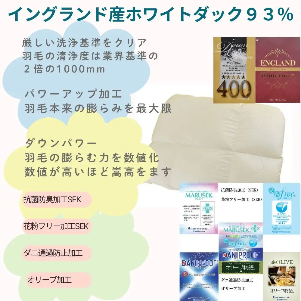 羽毛合い掛け布団イングランド産ホワイトダウン93% 合掛け シングル150×210cm dp400