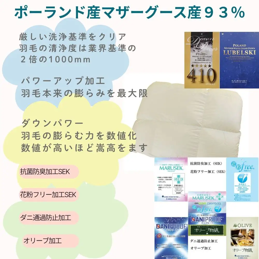 羽毛合い掛け布団ポーランド産マザーグース９３％ 合掛け シングル150×210cm dp410