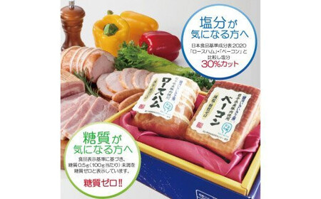 【岩手県産豚肉使用】からだ想いの 銀河いきいき工房 減塩＆糖質ゼロ ロースハム・ベーコンギフトセット のしOK 　【539】