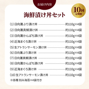 お魚の漬け丼バラエティ10回 定期便 海鮮 漬け丼 セット ぶり 真鯛 かんぱち まぐろ サーモン 流水解凍 海鮮丼 簡単 便利 小分け 個包装 刻み海苔 日向灘 九州 宮崎県 延岡市 冷凍 お取り寄せ N019-YG0190