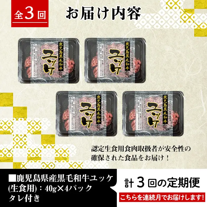 i824 《毎月数量限定》＜定期便・計3回(連続)＞ 鹿児島県産黒毛和牛ユッケ＜(40g×4P・計160g)×全3回＞肉 牛肉 黒毛和牛 国産 鹿児島県産 ユッケ 生食 旨み 定期便 連続月 毎月 定期便 カミチク 【株式会社LRプラスK】