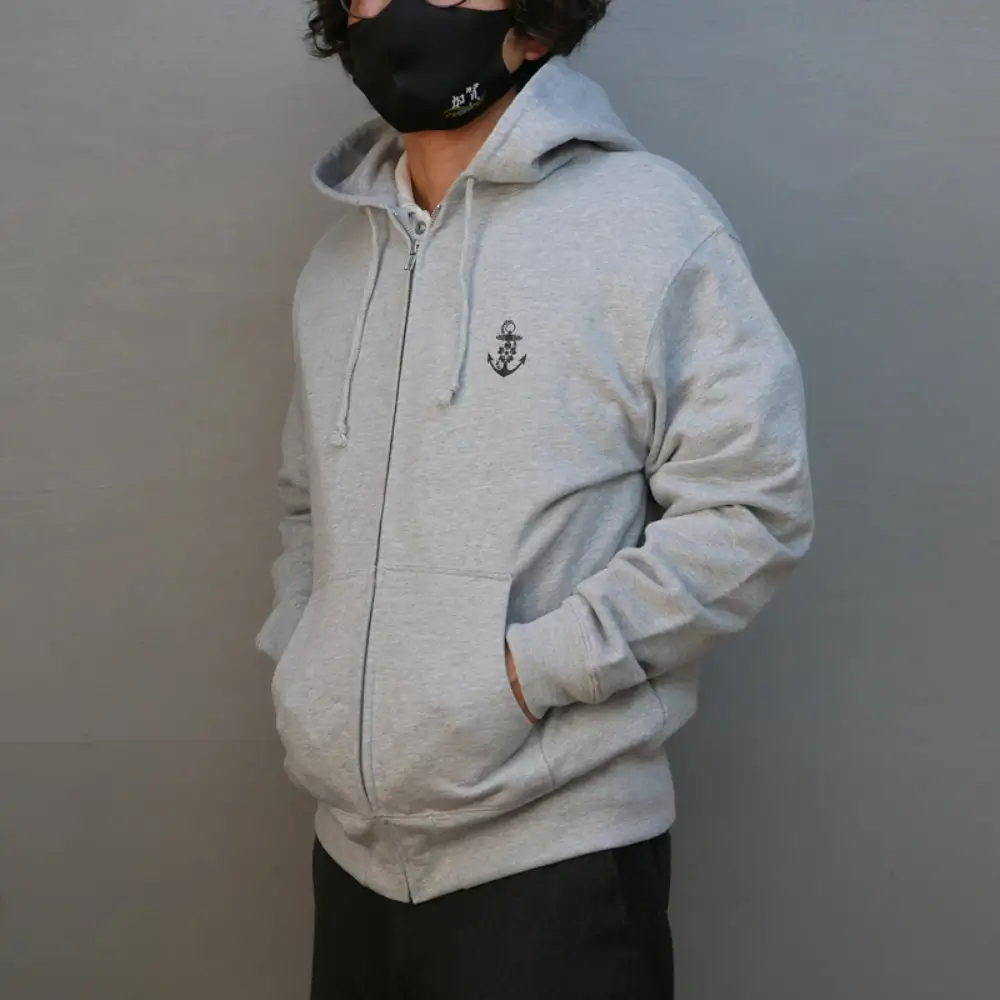 ジップアップパーカー【戦艦大和(背中横姿)】（ミックスグレー） XL(LL)サイズ 黒 black BLACK オリジナル ジッパー チャック 戦艦 大和 海軍 大人 日本製 広島県 呉市 ku091-056-ll-r