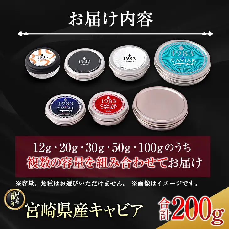 訳あり 数量限定 5つ星ホテル採用 宮崎県産 キャビア 詰め合わせ セット 合計200g 魚卵 魚介 魚貝 国産 熟成 新鮮 高級 希少 食品 三大珍味 黒いダイヤ おすすめ 水産物 おつまみ ご褒美 お祝い 記念日 パーティー 日南市 送料無料_XF1-25