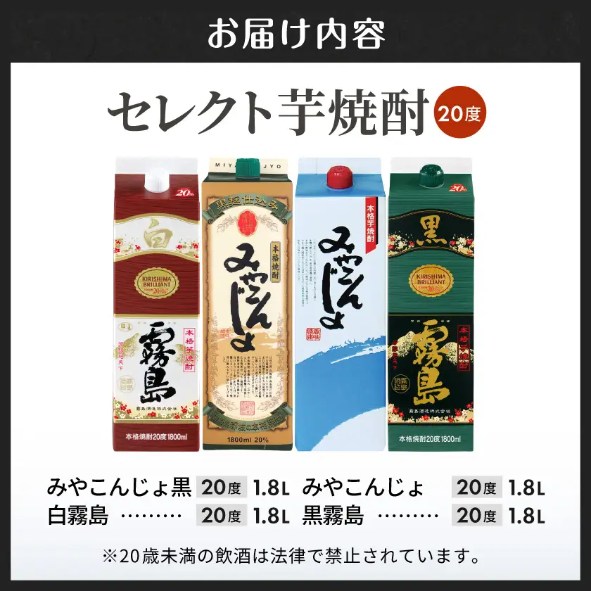セレクト芋焼酎20度1.8Lパック4種4本セット≪みやこんじょ特急便≫〔21-82-019-Q〕_(都城市) 焼酎 みやこんじょ黒 みやこんじょ 白霧島 黒霧島 20度 1.8L 4本 パック