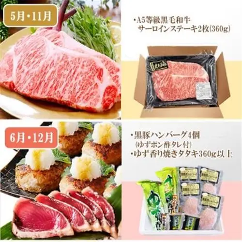 定期便(6回)A5等級黒毛和牛・黒豚・かつお・まぐろ FF-0058_肉 お肉 牛肉 サーロイン ステーキ 焼肉 ハンバーグ 切り落とし 豚肉 ロース バラ しゃぶしゃぶ 生ハム 鮪 鰹 カツオ_【配送不可地域：離島】【1166770】