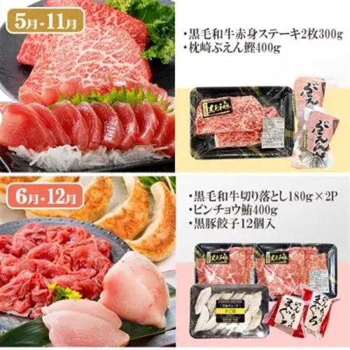 定期便(6回)枕崎お楽しみ便(黒毛和牛・まぐろ・かつおetc) GG-0046_肉 牛肉 サーロイン ステーキ 焼肉 切り落とし ロース もつ鍋 海鮮 魚介 鰹 かつおたたき 鮪 中トロ 刺身 人気 送料無料_【配送不可地域：離島】【1166768】