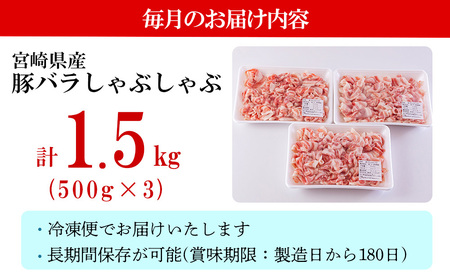 3回 定期便 宮崎県産 豚バラ しゃぶしゃぶ 切落し 合計4.5kg 500g×3パック 小分け