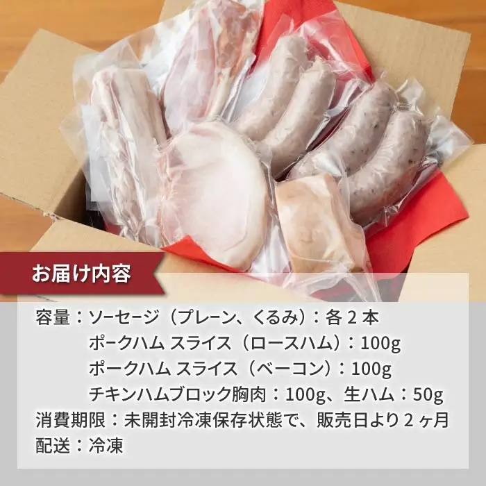 ソーセージとハムのセット（ソーセージ：プレーン、胡桃、ポークハム、チキンハム、生ハム）｜自家製ソーセージハム男