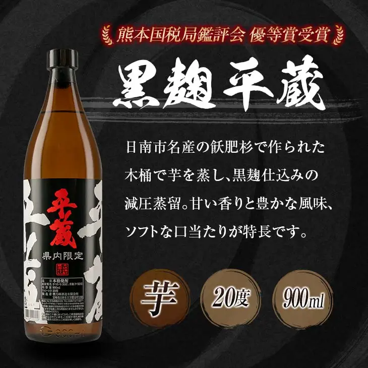 宮崎県内 限定 本格 芋焼酎 平蔵 飲み比べ セット 20度 900ml 2本 白麹 黒麹 お酒 アルコール 飲料 国産 地酒 晩酌 家呑み 家飲み 宅呑み ご褒美 お祝い 記念日 お取り寄せ 詰め合わせ おすそ分け 手土産 おすすめ 櫻乃峰酒造 日南市 送料無料_B252-25
