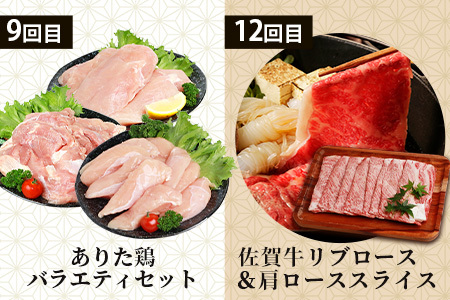 【定期便12回】佐賀の「牛・豚・鶏」食べ比べ 定期便 12ヶ月 12ヵ月 佐賀牛 ありた鶏 佐賀県産豚肉 焼き肉 焼肉 しゃぶしゃぶ ステーキ バラエティ P-9