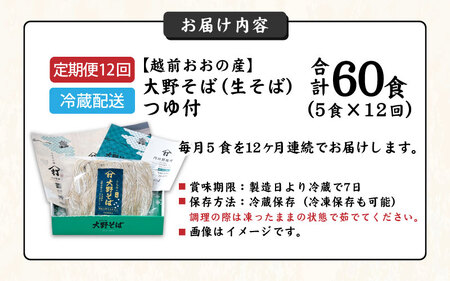 【12ヶ月定期便】生そば 5食 × 12回 計60食 つゆ付｜越前そば  大野  名水  石臼挽き