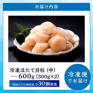 北海道産 ほたて貝柱(中)　計600g　北海道産 ほたて 貝柱 中 ～ 大 約500g ～ 1kg 貝 海鮮 魚貝 魚介 海産物 新鮮 肉厚 刺身 海鮮丼 バーベキュー カルパッチョ サラダ バター焼き フライ おかず 晩ご飯 お取り寄せ グルメ 食品 冷凍 北海道 浜中町 送料無料_H0001-1201