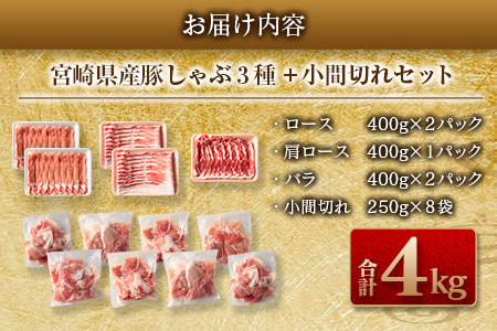 数量限定 豚しゃぶ 3種 小間切れ セット 合計4kg 豚肉 ポーク 人気 豚ロース スライス肉 豚バラ しゃぶしゃぶ サラダ 個包装 小分け 万能食材 おかず お弁当 おつまみ 食べ比べ 詰め合わせ お取り寄せ グルメ おすそ分け 冷凍 お土産 宮崎県 日南市 送料無料_DA43-25