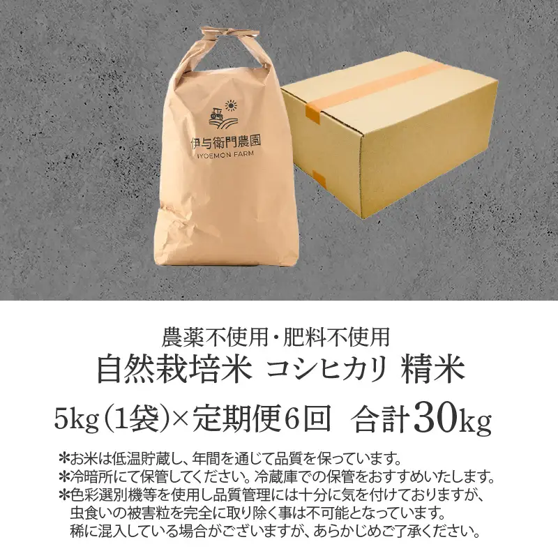 【先行予約】【令和8年産 新米】【定期便6回】伊与衛門農園の自然栽培コシヒカリ精米 5kg×6回 伊与衛門農園の特別栽培米＜温度と湿度を常時管理し新鮮米を出荷！＞/ 米 白米 自然の力 高品質 鮮度抜群 ブランド米 福井県 あわら市産 スマート農業 ※2026年10月下旬以降順次発送 [aw071-k001]