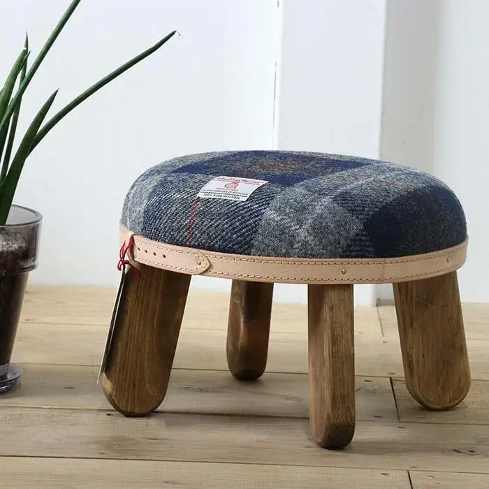 まぁるいスツール【ネイビー&グレーチェック×ブラウン】 子供 椅子イスキッズ HARRIS TWEED（ハリスツイード） 家具