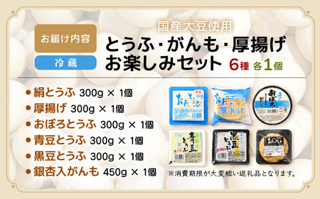 国産大豆とうふ  がんも 厚揚げ お楽しみセット6種 各1個 【国産 大豆 豆腐 とうふ 厚揚げ がんもどき 食べ比べ ぎんなん 青豆 黒豆 】 [e08-a004]