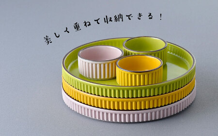 【波佐見焼】【ギアシリーズ】プレート（大）＆ココット３色セット（ピンク・イエロー・ライトグリーン）食器 皿【大新窯】[DC129] 波佐見焼