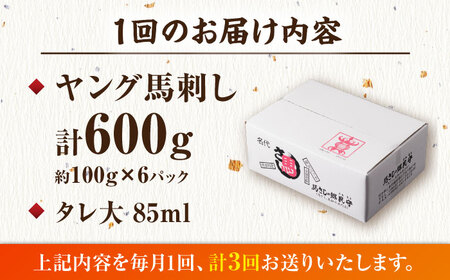 【3回定期便】ヤング馬刺し 計600g（6pc）＋タレ大【馬刺しの郷 民守】 馬肉 熊本県 特産品 馬刺し [ZBL047]