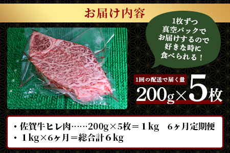 佐賀牛　肉の嬢王ヒレ肉ステーキ用（200ｇ×5枚）　６回定期便　総重量6kg W-7