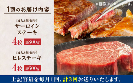 【3回定期便】くまもと黒毛和牛 ステーキ食べ比べ ヒレステーキ×4枚 サーロインステーキ×4枚【馬刺しの郷 民守】 食べ比べセット ヒレ サーロイン ステーキ  [ZBL059]